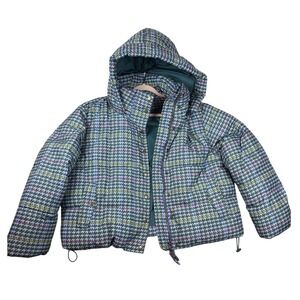 Sundance Womens Large Houndstooth Hooded Puffer Jacket Teal print